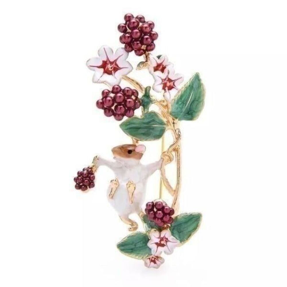Beautiful Squirrel Brooch on Gold Berry Branch Springtime Easter Picking Berries